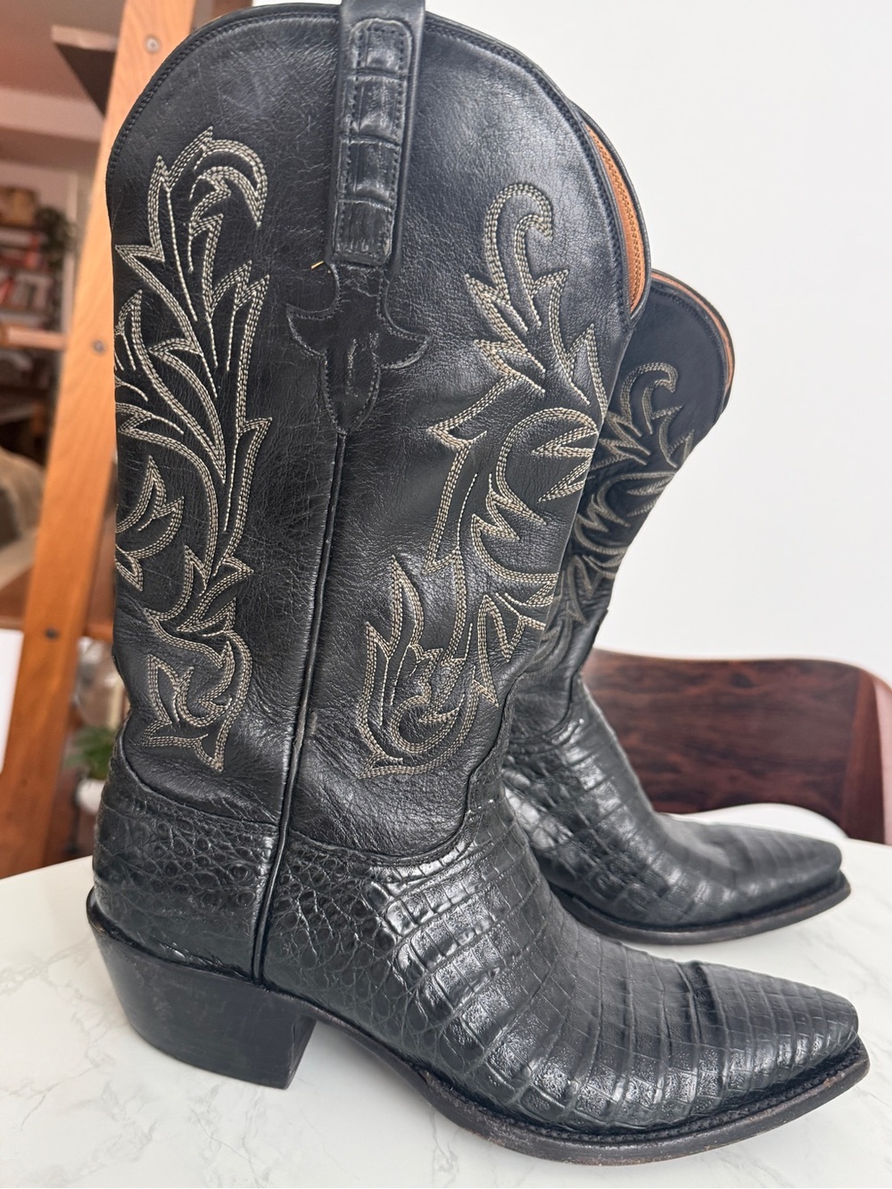 Lucchese Black Caiman Embroidered Leather Western Boots - Picture 2 of 11